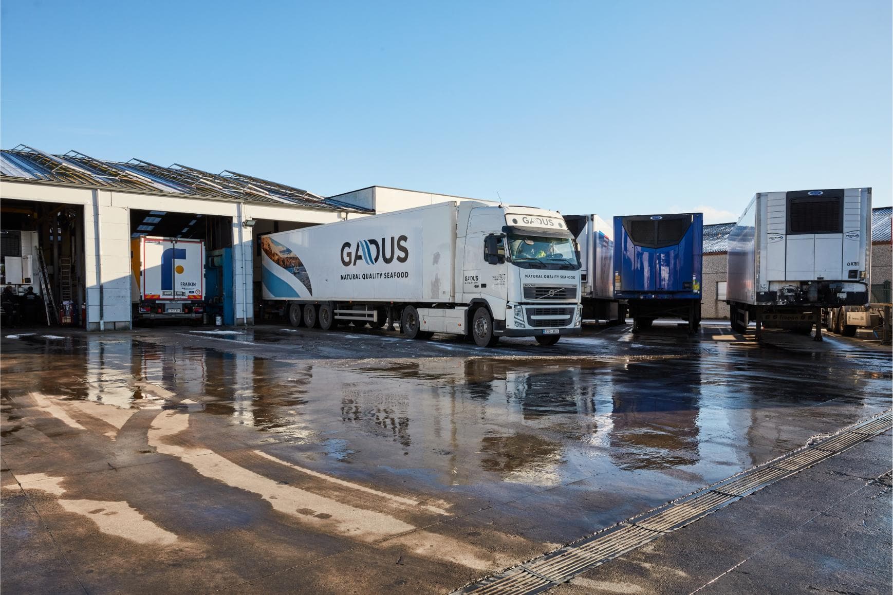 Refrigerated trailers in our yard: one coupled to a tractor, others on landing legs in front of the open workshop